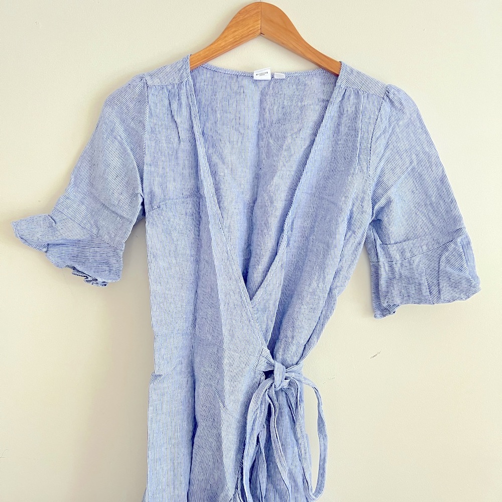 Gap Linen Ruffle Wrap Dress - Blue Stripe - Picture 2 of 6